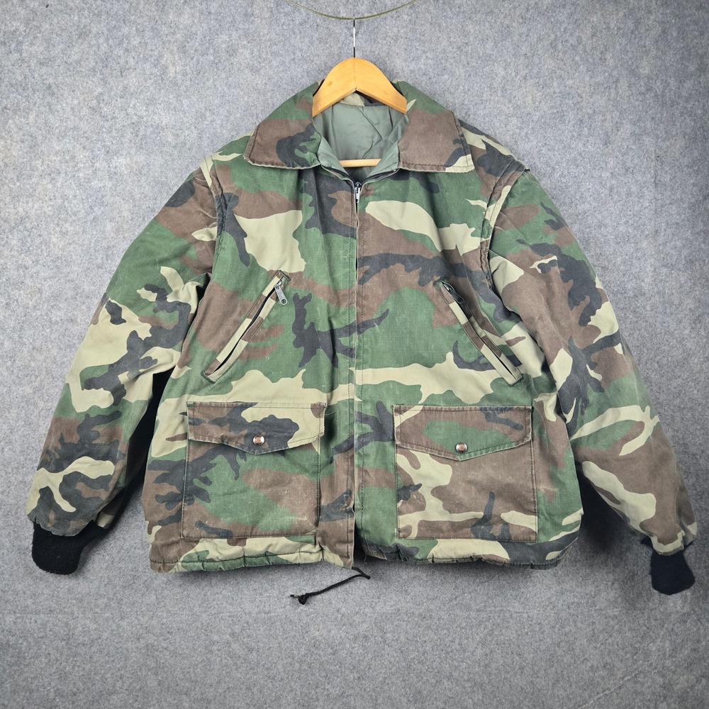 Vintage Military Camo Bomber Jacket Mens XL Green Woodland Workwear Vest